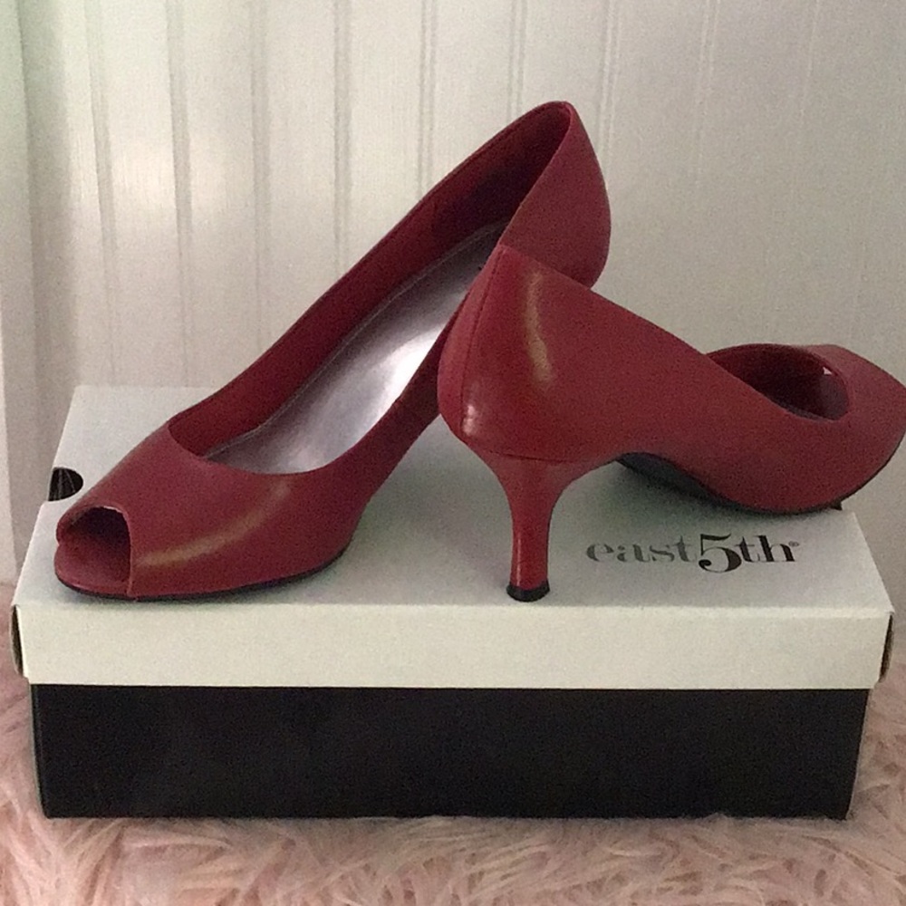 Red leather peep-toe heels